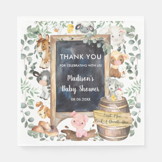 Cute Greenery Farm Animals Birthday Baby Shower  Napkin (Front)