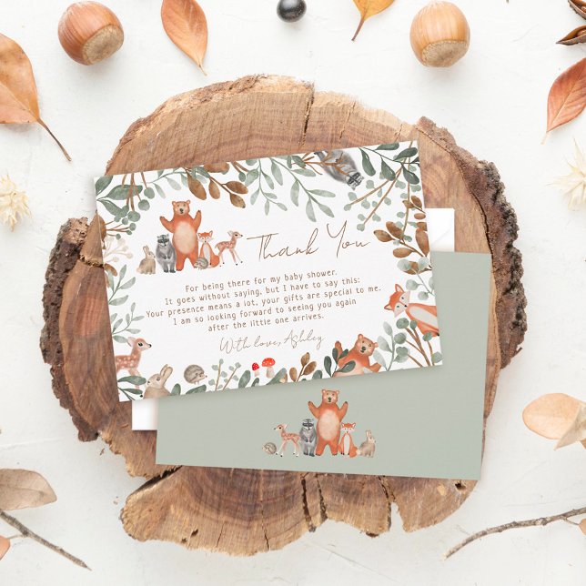 Cute greenery forest animals woodland baby shower thank you card (Creator Uploaded)