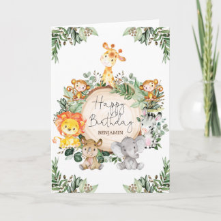 Cute Greenery Jungle Safari Animals Happy Birthday Card