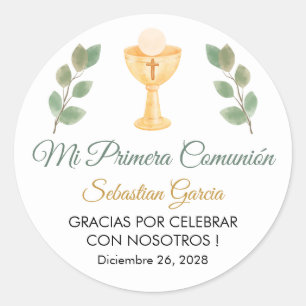 Cute Greenery Leaves in Spanish First Communion  Classic Round Sticker