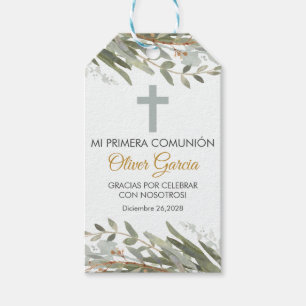Cute Greenery Leaves in Spanish First Communion Gift Tags