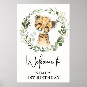 Cute Greenery Leopard Wild Jungle Birthday Welcome Poster