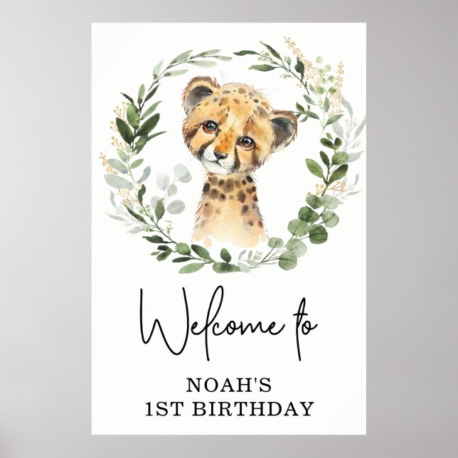 Cute Greenery Leopard Wild Jungle Birthday Welcome Poster (Front)