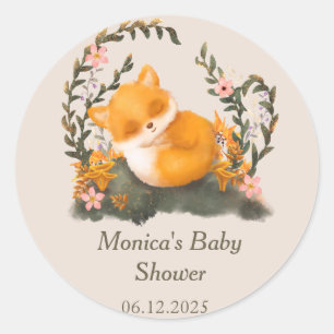 Cute Greenery Little Fox Baby Shower  Classic Round Sticker