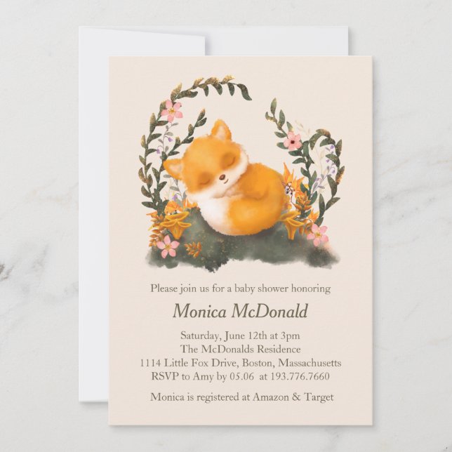 Cute Greenery Little Fox Baby Shower  Invitation (Front)