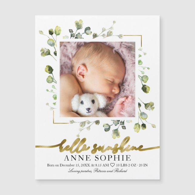 Cute Greenery Photo Birth Announcement Cards (Front)