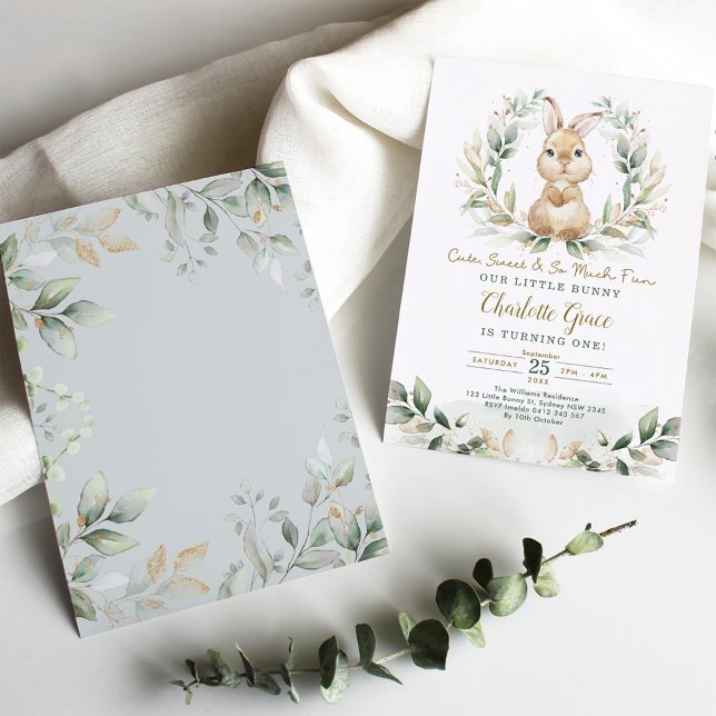 Cute Greenery Rabbit Easter Bunny Birthday Party Invitation (Creator Uploaded)