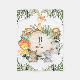 Cute Greenery Wild Jungle Safari Animals Nursery Fleece Blanket