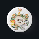 Cute Greenery Wild Safari Animals Birthday Boy 3 Cm Round Badge<br><div class="desc">This unique design features a group of adorable jungle animals and lush watercolor greenery. Personalize the t-shirt with your child's initial and name by clicking the "personalize" button.</div>
