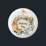 Cute Greenery Wild Safari Animals Birthday Boy 3 Cm Round Badge<br><div class="desc">This unique design features a group of adorable jungle animals and lush watercolor greenery. Personalize the t-shirt with your child's initial and name by clicking the "personalize" button.</div>