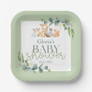 Cute Greenery Woodland Animals Baby Shower Paper Plate
