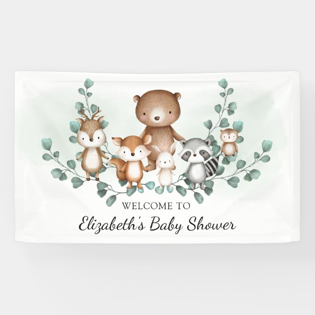 Cute Greenery Woodland Animals Baby Shower Welcome Banner (Horizontal)