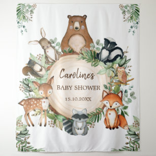 Cute Greenery Woodland Forest Animals Baby Shower Tapestry