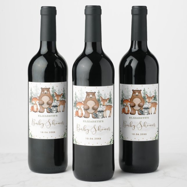 Cute Greenery Woodland Forest Animals Baby Shower Wine Label (Bottles)