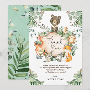Cute Greenery Woodland Forest Animals Birthday Thank You Card