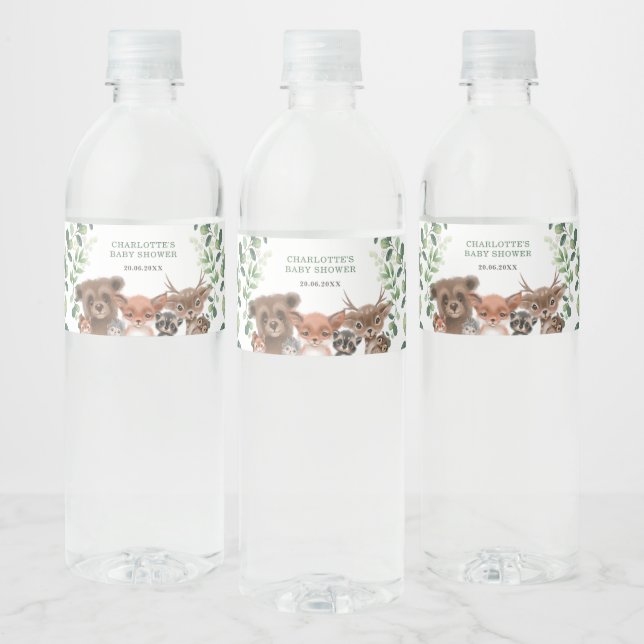 Cute Greenery Woodland Forest Baby Shower Favours Water Bottle Label (Bottles)