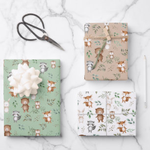 Cute Greenery Woodland Forest Party Baby Animals Wrapping Paper Sheet