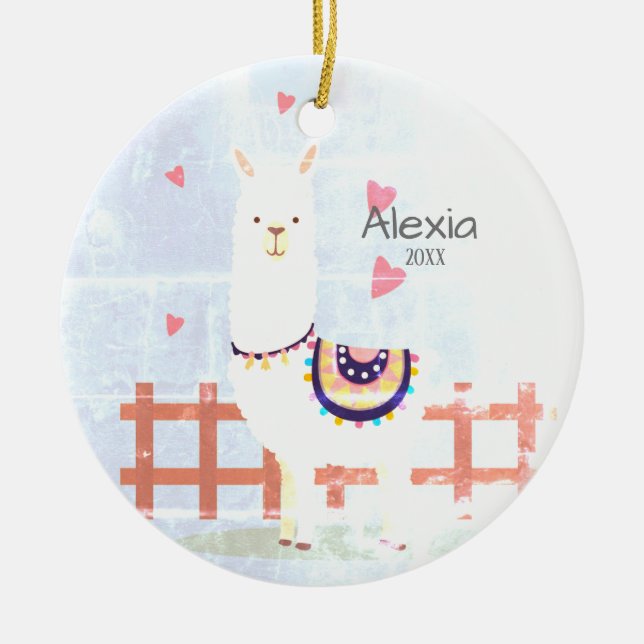 Cute Grey and Pink Alpaca Christmas Ornament (Front)