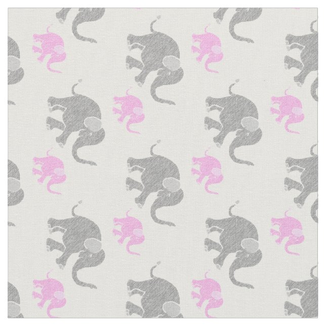 Cute Grey and Pink Baby Elephants Pattern Fabric (Close Up)