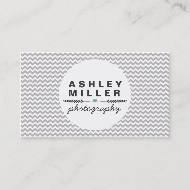 Cute Grey And White Chevron Aqua Heart Dividers Business Card (Front)