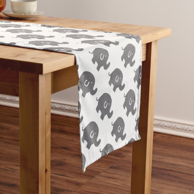 Cute Grey And White Elephants Pattern Short Table Runner (In Situ)