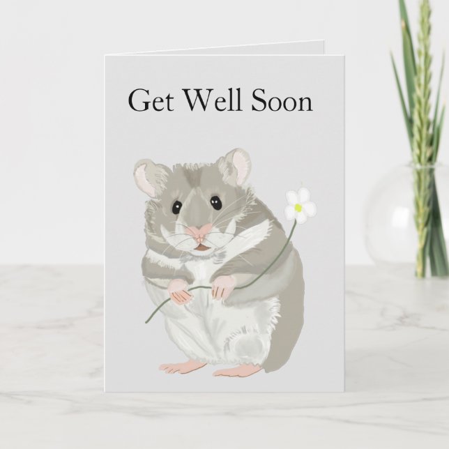 Cute Grey and White Hamster Editable Get Well Soon Card (Front)