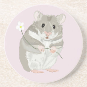 Cute Grey and White Hamster Holding a Flower Coaster