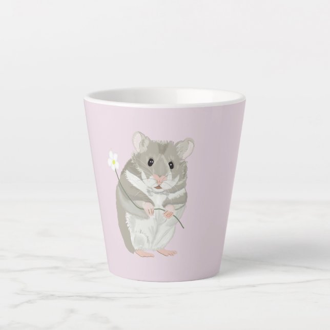 Cute Grey and White Hamster Holding a Flower  Latte Mug (Front)