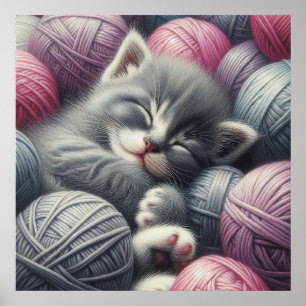 Cute Grey and White Kitten Napping in Yarn Poster