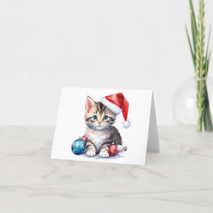 Cute Grey and White Santa Kitten BLANK  Holiday Card