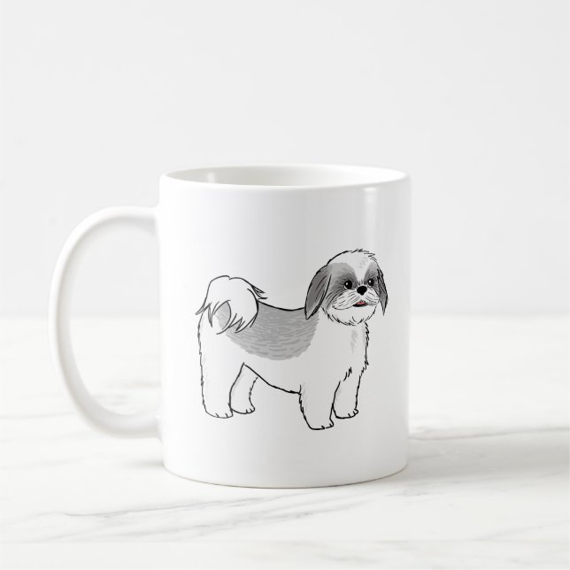 Cute Grey and White Shih Tzu Cartoon Dog Coffee Mug (Left)