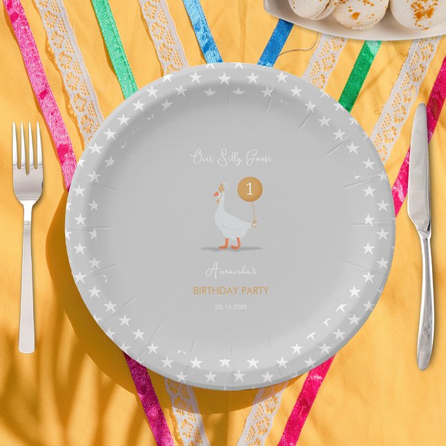 Cute Grey and Yellow 1st Birthday Party Goose Paper Plate (Creator Uploaded)