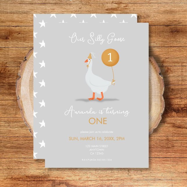 Cute Grey and Yellow Silly Goose 1st Birthday  Invitation (Creator Uploaded)
