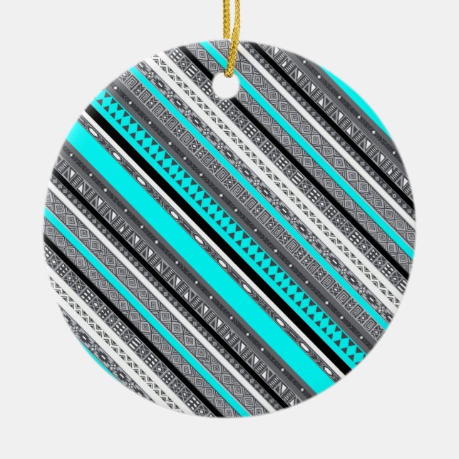 Cute grey aqua aztec patterns ceramic ornament (Front)