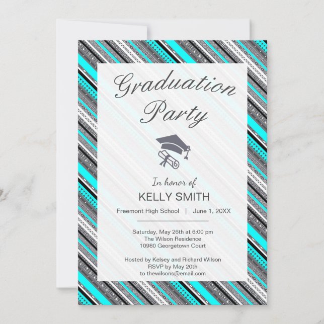 Cute grey aqua aztec patterns graduation party invitation (Front)