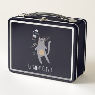 Cute Grey Astronaut Cat Custom Name Metal Lunch Box