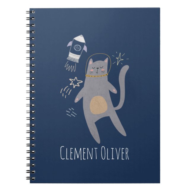 Cute Grey Astronaut Cat Custom Name Notebook (Front)