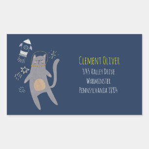 Cute Grey Astronaut Cat Custom Name Rectangular Sticker