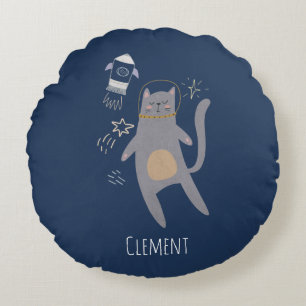 Cute Grey Astronaut Cat Custom Name Round Cushion