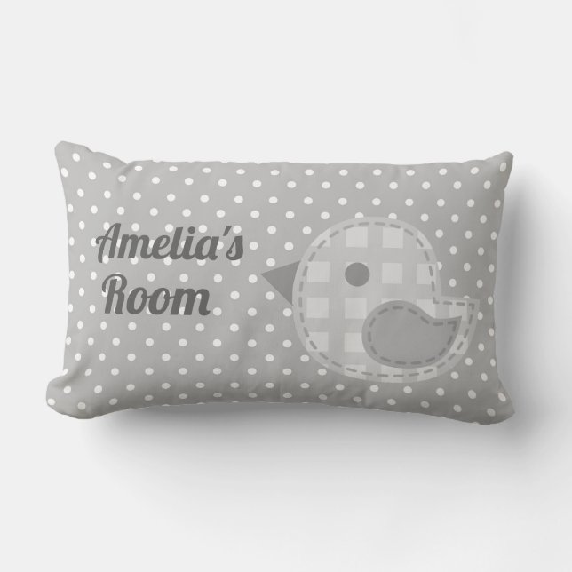 Cute Grey Baby Bird and Polka Dot Personalised Lumbar Cushion (Front)