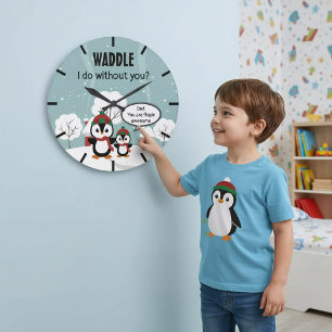 Cute Grey Baby Penguin In Winter Snow Large Clock