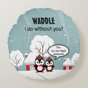 Cute Grey Baby Penguin In Winter Snow Round Cushion