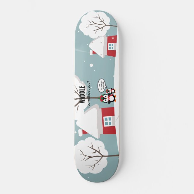 Cute Grey Baby Penguin In Winter Snow Skateboard (Front)