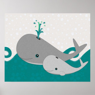 Cute Grey Baby Whale on the Waves Cartoon Poster