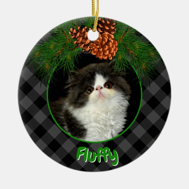 Cute grey black plaid pinecone pet photo template ceramic ornament (Front)
