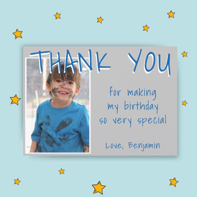 Cute Grey Blue Birthday Boy Photo Thank You Card (Creator Uploaded)
