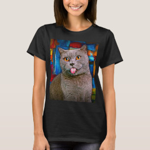 Cute Grey British Shorthair Cat Portrait Painting T-Shirt