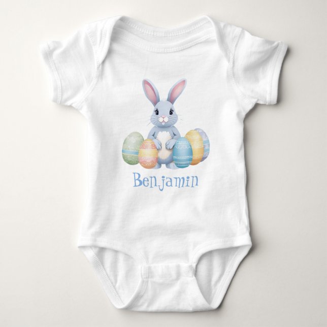 Cute Grey Bunny Rabbit With Easter Eggs Name White Baby Bodysuit (Front)
