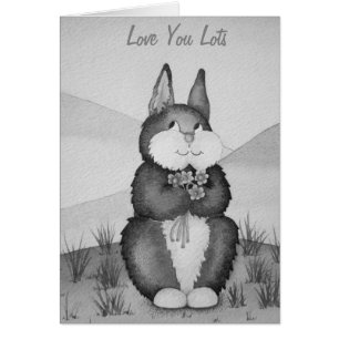 cute grey Bunny smiling with flowers love