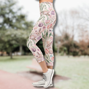 Cute Grey Bunny with Colourful Tulips Capri Leggings